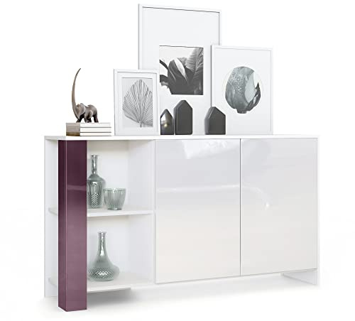 Vladon Sideboard Canto, Made in Germany, Lange Anrichte mit 2 Türen und 6 Fächern, Korpus Weiß matt, Fronten Weiß Hochglanz, Dekor-Paneele Brombeer Hochglanz (143 x 81 x 36 cm)