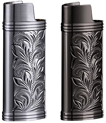 Surakey 2 Stück Vintage Feuerzeughülle, Metall Retro Gravur Feuerzeugkoffer Abdeckung für Mini BIC Feuerzeug, Wiederverwendbare Feuerzeughüllenhalter, Tragbare Feuerzeughüllen für Reisen im Freien