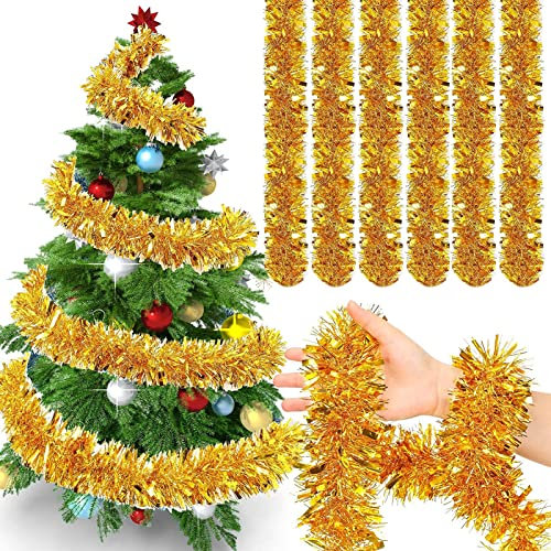 Ywwltt Guirnalda de Oropel Navidad, 6 Tiras Espumillón Árbol, 12m Espumillón, Oropel para Decoraciones en Interior y Exterior (Amarillo)