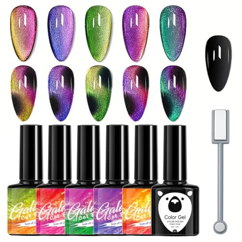 Herbenjoy Cat Eye Gel Nail Polish Set - 6 Galaxy Colors + Magnetic & Rainbow UV Nails with Metallic Stick, Black Base & DIY Manicure