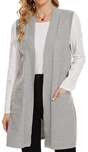 Breezy Lane Cardigan da donna senza maniche a coste con apertura frontale drappeggiato gilet duster lungo maglione giacca con tasche, Grigio chiaro, M