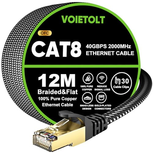 VOIETOLT Cat 8 Lan Kabel 12M, 40Gbps/2000Mhz Flaches Geflecht Netzwerkkabel Ethernet Kabel, S/FTP RJ45 Gigabit Patchkabel für PS4/5, für Modem, für Router