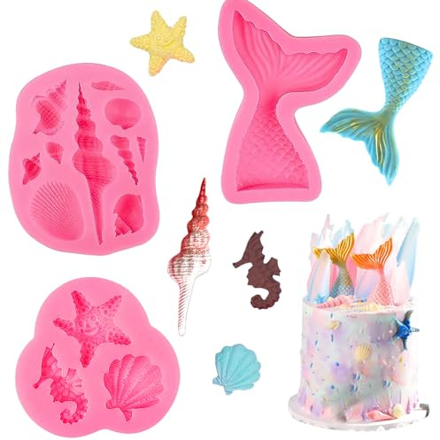 Gyxcelc Meerestiere Fondant Formen Silikonform Meerjungfrau Flosse 3D Ozean Silikon Backform Diy Silikon Seifenform Meerjungfrau Schwanz Silikonform Seestern Seepferdchen Muschel Fischschwanz,3 Stück