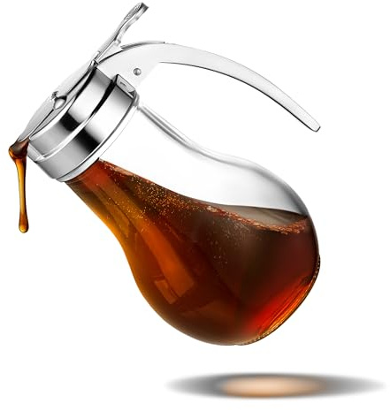 Distributeur de sirop en verre anti-goutte pour sirop d'érable, distributeur de miel, mélange de crêpes ou sucre, passe au lave-vaisselle avec couvercle en métal facile à verser, 414 ml