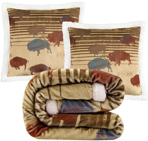 Paseo Road Indigo Hill by HiEnd Accents Home on The Range 3 Piece Sherpa Throw Blanket Set, Buffalo Bison Print Aztec Pattern Fleece Throw Set, Western Style, 1 Throw and 2 Pillows