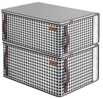 2 Paquete Bolsas de Almacenamiento, Almacenaje Bajo La Cama Cajas de Almacenaje Ropa con Mango Reforzado Organizador con Cremallera para Edredones de Cama Negro Blanco 55L(55x40x25)