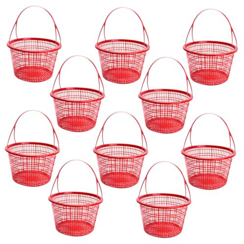CIYODO 10pcs Small Red Round Fruit Picking Basket Set with Handle for Strawberries Blueberries and Cherries, Portable Handheld Vegetable and Berry Baskets for Garden Harvesting