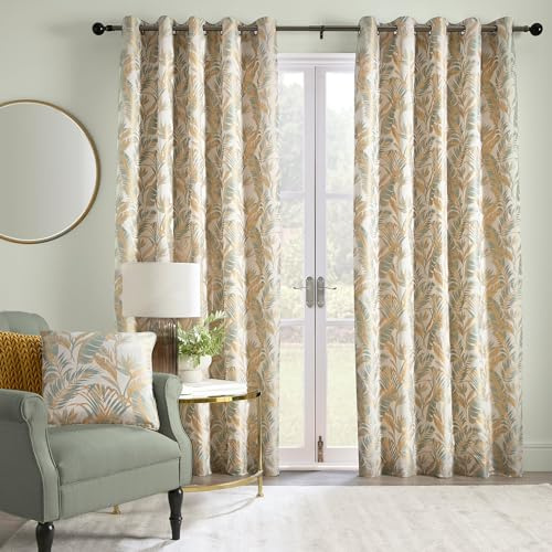 Laurence Llewelyn-Bowen - Ochre/White Tropical Palm Tree Curtains W90 x L72 (229 x 183cm) - Jacquard Curtains w/Floral Leaf/Fern - Luxury Drapes for Living Room/Bedroom- Paradise Palm Collection