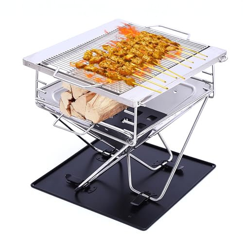Parrilla de Barbacoa Portátil, Pozo de Fuego de Acero Inoxidable, Plegable para Barbacoa Fogata Portátil Parrilla de Carbón de Leña Elevable para Cámping Picnic Jardín - con Bolsa de Transporte