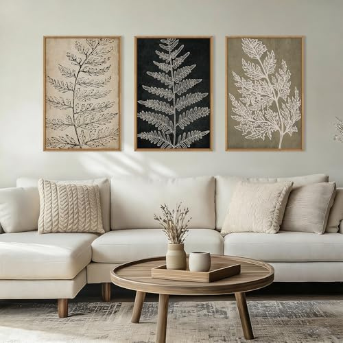 KAIRNE Botanical Fern Leaf Framed Wall Art set, Rustic Farmhouse Plant Wall Decor, Minimalist Black Tan Fern Leaf Wall Painting, Boho Modern Artwork for Living room, Bedroom, Farmhouse, 24x36x3