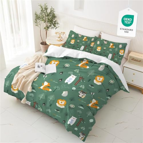 Yasida Wildlife Safari Animal Print Bedding Kids Duvet Cover Set Microfiber Dark Green Bedding With Cute Lion Bear Fox Tree Pattern For Boys/Girls Double Duvet Cover Set 200x200 & 2 Pillowcases 50x75