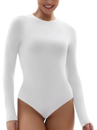 SHAPERX Body Mujer Manga Larga Bodysuit Top Cuello Redondo Elástico Body Suit Tanga, UK-SZ5242-White-XL