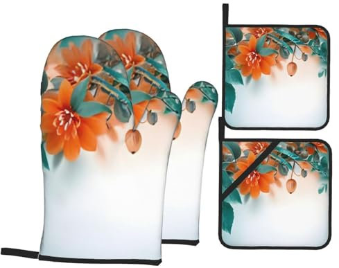 Set di 4 guanti da forno e presine – verde acqua e fiore d'arancio – guanti da forno a microonde isolati e guanti da cucina, set di guanti da forno antiscivolo con cuscinetti caldi, per cucinare,