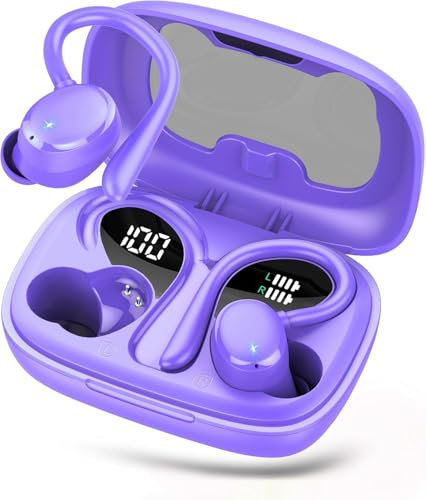 Tiksounds Bluetooth Kopfhörer Sport, Bluetooth 5.3 Kopfhörer Kabellos mit HD Mic,HiFi Stereo Tiefer Bass, 72 Std Spielzeit, Dual LED-Anzeige, IP7 Wasserdicht in Ear Ohrhörer mit Ohrhaken(Lila)
