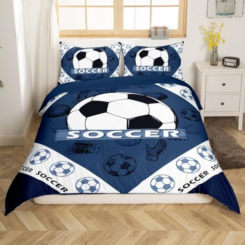 Loussiesd Juego de ropa de cama con diseño de balón de fútbol, funda de edredón para niños y niñas, funda de edredón con temática deportiva, juegos de pelota con 1 funda de almohada, 2 piezas, ropa de