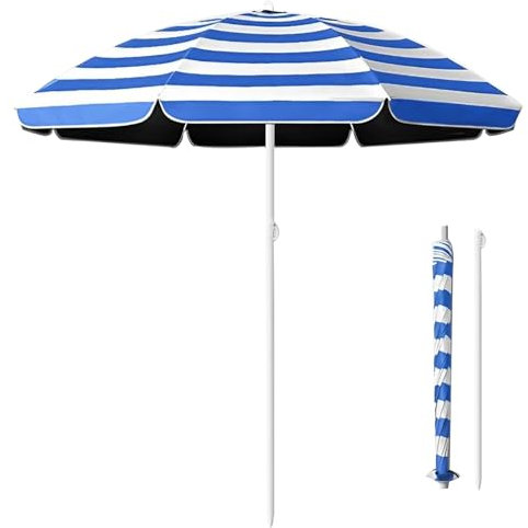Ombrellone da Spiaggia Portatile UV50+, Piccolo Ombrellone da Esterno, Ombrellone da Giardino a Righe Blu e Bianche per Cortile e Piscina