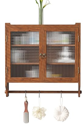HAINEW Moderner Hängeschrank Küchenschrank Wandschrank mit 2 Glastüren und Hängestange, Holz und Glas Badschrank Sideboard Hängend Medizinschrank für Küche Bad, 63×18×60cm (Braun)