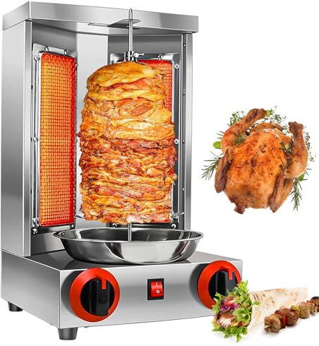 Machine à Shawarma à Gaz Verticale, Machine à Doner et Kebab, Grill à Shawarma, Rôtissoire, Gril avec 2 Brûleurs et Bac de Récupération de Viande pour La Cuisine, Corps en Acier Inoxydable,220V