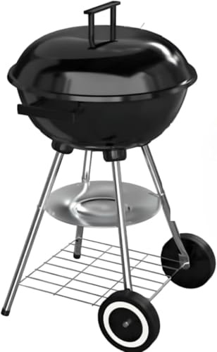Barbecue à Charbon de Bois Rond Livona + thermomètre | 4 pieds (stable) avec Couvercle (fumoir) et Roulettes, Noir, Acier Inoxidable, pieds chromés