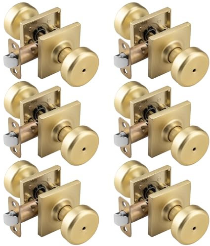 NCSEN Pismo Türknauf für Badewanne und Bett, goldfarben, 6 Stück, mit quadratischer Rosette, satiniertes Messing, robuster Türknauf mit Schloss