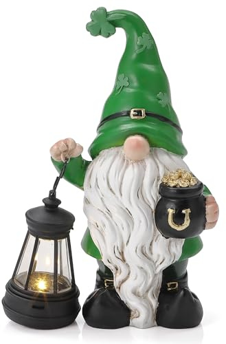 Aifeorzo Nain de jardin en résine avec lampes solaires, 11,9 x 7,6 x 17 cm, statue solaire de jardin pour extérieur, figurine de leprechaun pour terrasse, cour, pelouse