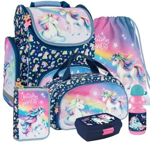 Generisch Einhorn Unicorn Pferd Schulranzen Tornister Ranzen Rucksack Set mit Sporttasche, Turnbeutel, Federtasche