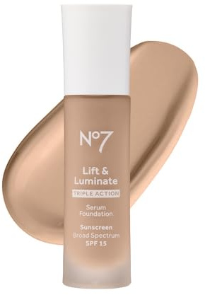 No7 Lift & Luminate Triple Action Serum Foundation - Liquid Makeup with SPF 15 for a Dewy, Glowy Base - Radiant Formula for Mature Skin - Cool Ivory (1 Fl Oz)
