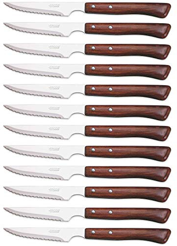Arcos Serie Cuchillos de Mesa Caja 12 uds Cuchillo Chuletero, Hoja Serrada de Acero Inoxidable NITRUM de 110 mm, Mango Madera comprimida Color marrón (12 UDS)