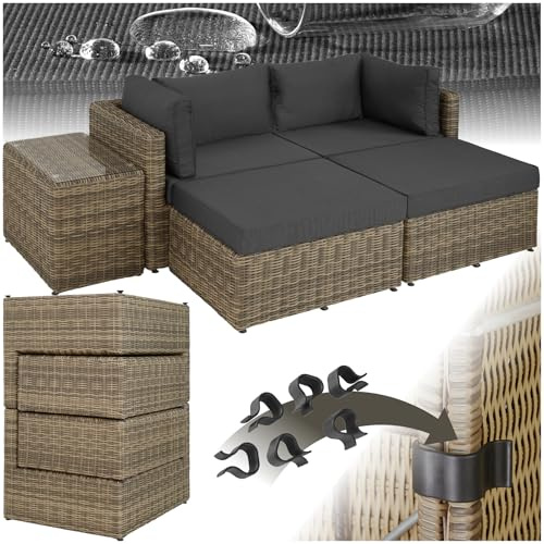tectake® Doppia Chaise-Longue Deluxe Rattan, Set per Giardino, Alluminio, Tavolo con Piano in Vetro, Componibile con Versatilità, Cuscini, mobili d arredo - Naturale