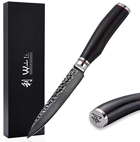Wakoli EBO Premium Damast Allzweckmesser mit 12 cm Klinge und Hammerschlag gefertigt aus 67 Lagen echtem Damaststahl mit schwarzem Eichenholzgriff I Damastmesser Küchenmesser und Profi Kochmesser