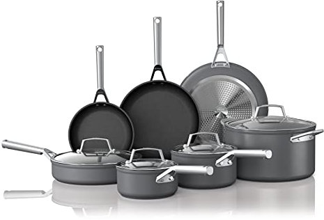 Ninja Hard-Anodized Foodi Neverstick, Premium Anti-Scratch Nesting Pots & Pans with Lids, Aluminum, Slate Grey, C39800