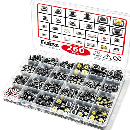 Taiss Taktiler Druckschalter Kit, 260 Stück Tastschalter Sortiment, Mikro‑Drucktaster Kit, Lötbarer 2‑Pin 3‑Pin 4‑Pin Tactile Switch, PCB Tastschalter Set für Elektronik‑Reparatur und DIY‑Projekte