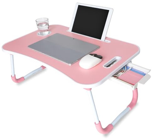 unycos - Vassoio per la Colazione e da Letto【60x40x26 cm】Tavolo Pieghevole con Leggio, Supporto Multifunzionale per Computer Portatile, Tablet, Lavorare, Leggere (Rosa con Cassetto)
