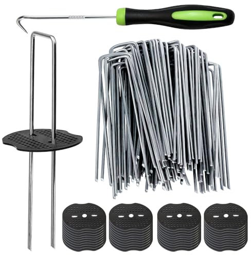 Bakulyor Weed Control Membrane Pegs (100) + Buffer Washers (100) - 6/150mm Metal Garden Landscape Staples for Artificial Grass, Ground Cover, Mossing Fabric Barrier