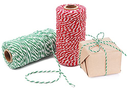 Benvo - Paquete de 2 cordeles de algodón verde y blanco y rojo y cuerda de embalaje para Navidad, cuerda de cinta para hornear, carniceros, manualidades, adornos colgantes de 650 pies de largo
