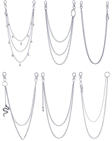 Ofeiyaa 6 Pieces Pants Chains Multi-Layer Butterfly Lock Round Star Snak Heart Jeans Chains Accessory Hip Hop Pocket Punk Goth Wallet Chain Charm Rock Belt Loop Trousers Chain for Women Men Silver
