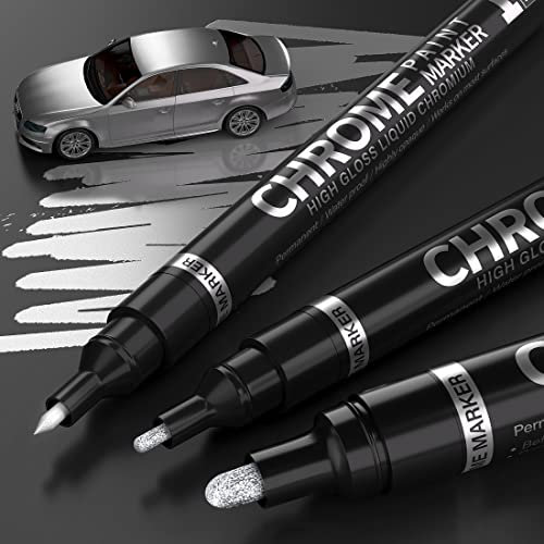 KERIFI Silber Marker Dauerhaft Kunst Flüssig-Chrom-Marker-Set, Reflektierende, glänzende Metallic-Spiegelmarkierungen, Lackstift für Modellmetall Kunststoff Glas DIY Handwerk (0,7/1/3mm)