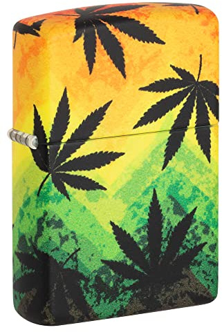 Zippo Encendedor a Prueba de Viento - Modelo Cannabis - Impresión a 540 Color, Multicolor, Verde, Amarillo - Recargable - Reutilizable - Caja de Regalo Hecho en EEUU