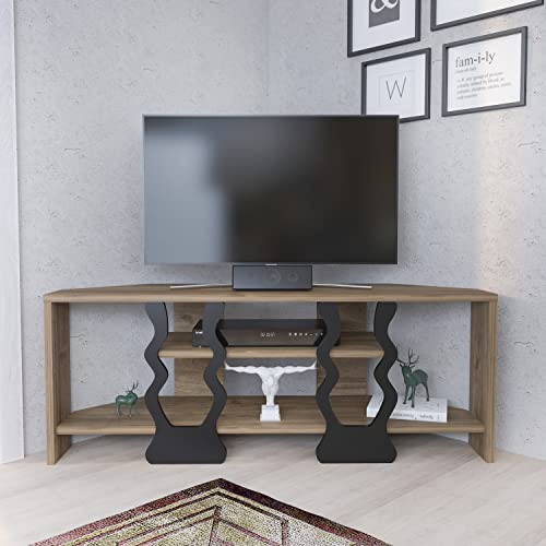 DECOROTIKA - Meuble TV d'angle iral avec étagères Ouvertes, Meuble de Rangement multimédia et de Divertissement (Noyer et Noir)