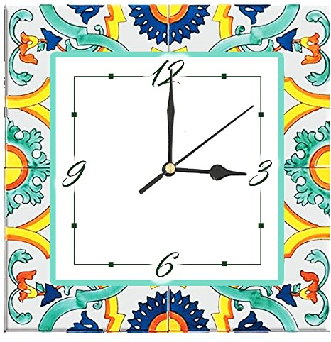 Orologio piastrella in Ceramica da Tavolo con Stampa Decoro Vietrese 2 Adatto per Ogni Ambiente della casa dell'ufficio e dello Studio cm 11x0.5x11
