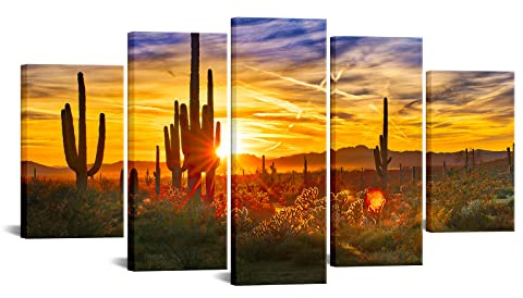 Nachic Wall Großes 5-teiliges Arizona-Wüstenbild, Leinwanddruck, Saguaros bei großem Sonnenuntergang, Landschaft, Giclée-Druck, amerikanische Landschaft, Poster, Wohnzimmer, Küchendekoration