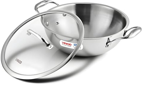 Vinod Platinum Triply Stainless Steel Kadai with Glass Lid Triply Kadai with Heavy Bottom Induction Friendly Triply Stainless Steel Cookware Kadhai