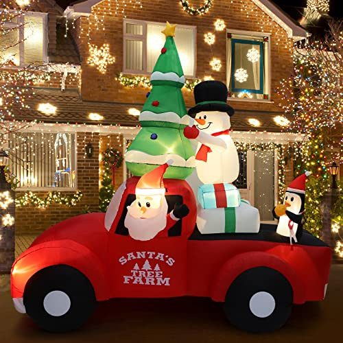 Lewondr Weihnachten aufblasbare, Wasserdicht Leuchtender Lastwagen Weihnachtsdekoration, Weihnachten Hof Dekorationen mit eingebautem LED-Licht, Outdoor-Weihnachtsdekorationen für Garten, Rot/Grün