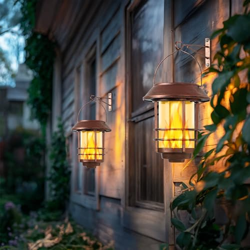 Otdair Solar Lanterns Outdoor Waterproof, 2 Pack Flickering Flames Wall Garden Decor with Glass Shade, Hanging Solar Lights Wall Mount Decorations for Halloween, Front Porch, Patio, Yard, Bronze