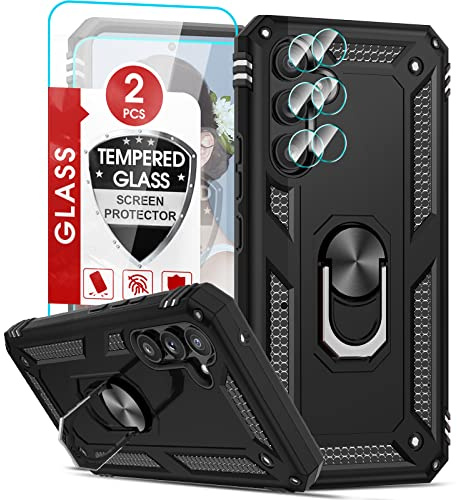 LeYi Hülle für Samsung Galaxy A54 5G Ständer Handyhülle mit 2 Schutzglas & 2 Kamera Folie,Militär Standard Stoßfest Case Metall Ring Fallschutz Handy Hüllen Outdoor Schutzhülle A 54 5 G Cover Schwarz
