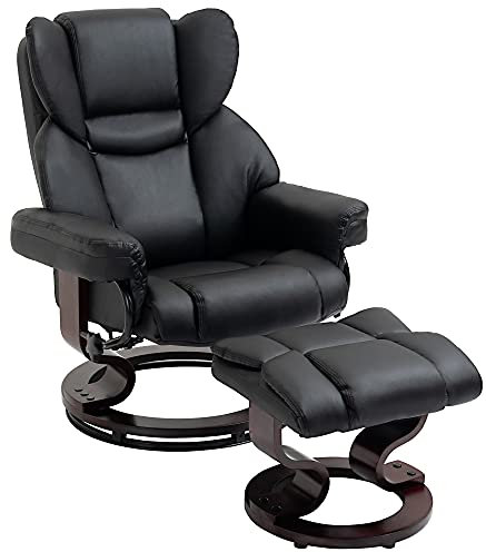 HOMCOM Relaxsessel mit Hocker, 360°drehbarer Fernsehsessel mit Liegefunktion Polstersessel für Wohnzimmer, Schlafzimmer, Kunstleder, Schwarz
