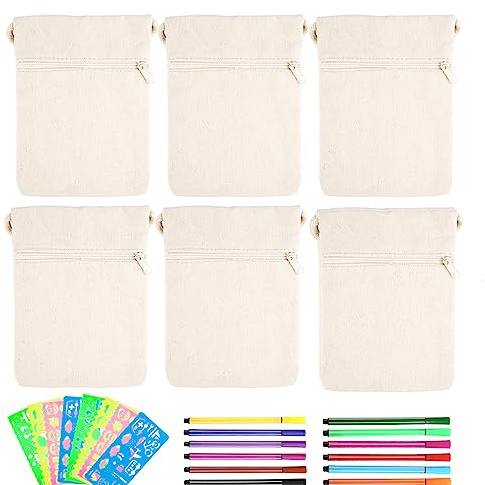 RICKMASK 6pcs DIY Blank Fabric Bag Fabric Pencil Case for Painting Blank Children's Fabric Bag with 4 Colouring Templates + 12 Colouring Pencils Fabric Bag for Painting for Crafts Children's Birthday