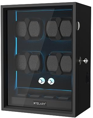 XTELARY Abschließbarer Uhrenbeweger für 4/6/8/12 Automatikuhren, Automatikbeweger mit 4 Rotationsmodi,Extra Uhrenfächern, Flexible Uhrenkissen, Leiser Mabuchi Motor und Blaue Hintergrundbeleuchtung