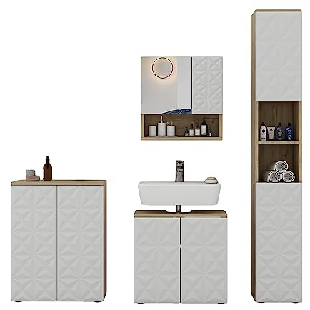 Vicco Badmöbel-Set Edge, Weiß, 60 cm | besteht aus Waschbeckenunterschrank, Spiegelschrank, Hochschrank und Midischrank