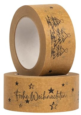 MASHPAPER braunes Papierpackband Frohe Weihnachten 50mm breit - 50 m lang | Nachhaltiges Paketband für Geschenke & Versandkartons, Naturkautschuk-Kleber, widerstandsfähig, reißfest und elastisch,496190